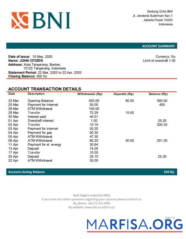 Blank Indonesia Bank Negara Indonesia (BNI) bank statement word real example